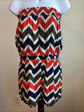 Strapless Romper in Navy, White & Orange